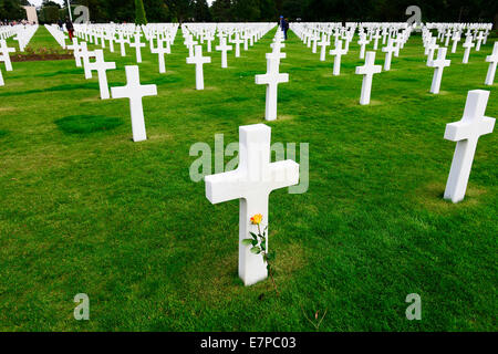 Croce marcatori Grave Normandia Cimitero Americano Francia Colleville Sur Mer FR Europa durante la seconda guerra mondiale Foto Stock