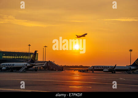 L'aeroporto di Stansted Regno Unito. . Aereo decollare al tramonto. On-time performance dei voli di linea è stato 78% - tre punti percentuali inferiore rispetto al corrispondente periodo dell anno scorso, secondo l'autorità dell'aviazione civile. Heathrow, Gatwick, Stansted, Luton e London City ha visto una riduzione complessiva di tre punti in percentuale per il tempo voli di linea, scendendo dal 80% al 77%. Foto Stock