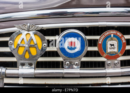 Il Badge bar su di un'auto d'epoca con Automobile Association Morris Owners Club e Morris centenario il badge Foto Stock