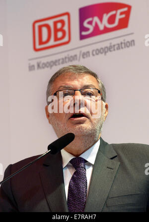 Berlino, Germania. 23 Sett 2014. Il ministro francese dei Trasporti Alain Vidalies è raffigurato a tecnologia ferroviaria fiera Innotrans Berlino, Germania, 23 settembre 2014. Innotrans può essere visitata dal pubblico tra 23 e 216 settembre 2014. Foto: RAINER JENSEN/DPA/Alamy Live News Foto Stock