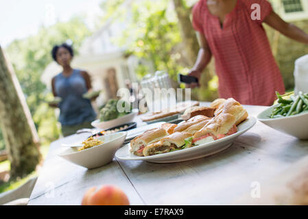 Una riunione di famiglia, uomini, donne e bambini intorno a un tavolo in un giardino in estate. Foto Stock