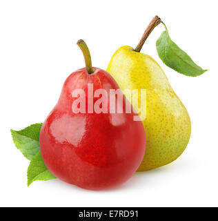 Rosso e Giallo le pere isolato su bianco Foto Stock