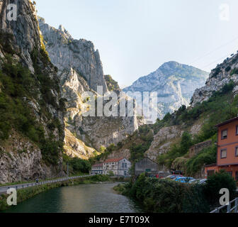 Il fiume si prende cura del Picos de Europa vicino al picco del Naranjo de Bulnes e idroelettriche Poncebos. Foto Stock