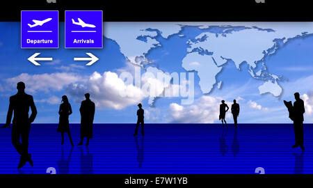 Aeroporto stilizzata ufficio con sagome di persone - un viaggio e business illustrazione concettuale Foto Stock