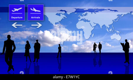 Aeroporto stilizzata ufficio con sagome di persone - un viaggio e business illustrazione concettuale Foto Stock