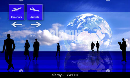 Aeroporto stilizzata ufficio con sagome di persone - un viaggio e business illustrazione concettuale Foto Stock