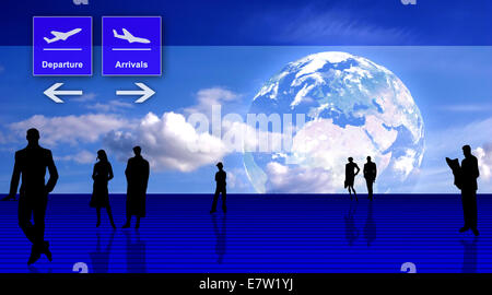 Aeroporto stilizzata ufficio con sagome di persone - un viaggio e business illustrazione concettuale Foto Stock