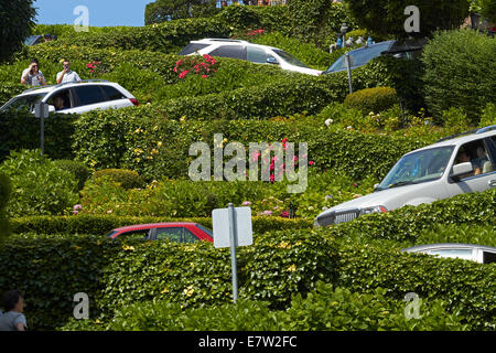 Veicoli in movimento verso il basso Lombard Street (il mondo Crookedest Street), Russian Hill quartiere di San Francisco, California, Stati Uniti d'America Foto Stock