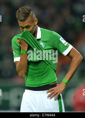 Bremen, Germania. 23 Sett 2014. Werder Brema Davie Selke salviette viso durante la Bundesliga soccer match tra Werder Brema e FC Schalke 04 a Bremen, Germania, 23 settembre 2014. Credito: dpa picture alliance/Alamy Live News Foto Stock