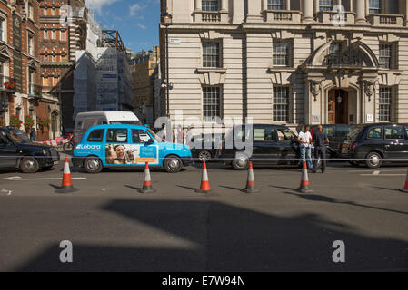 Il centro di Londra, Regno Unito. Il 24 settembre 2014. Black Cab taxi driver protesta TfL's taxi politiche oggi da guidare nel centro di Londra in un ritmo lumache intorno a 2pm. Le aree interessate sono intorno a piazza del Parlamento, Whitehall e Trafalgar Square. Linea di taxi fino a Whitehall al di fuori degli uffici governativi. Credito: Malcolm Park editoriale/Alamy Live News. Foto Stock