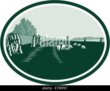 Illustrazione del neolitico di Avebury henge monumento contenente tre cerchi di pietre intorno al villaggio di Avebury nel Wiltshire, Foto Stock