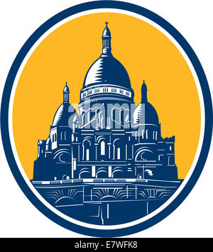 Illustrazione della cupola della Basilica del Sacro Cuore di Parigi, comunemente noto come il Sacre Coeur basilica insieme all'interno di forma ovale fatto rétro xilografia stile. Foto Stock