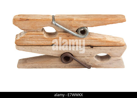 Clothespin in legno isolato su sfondo bianco Foto Stock