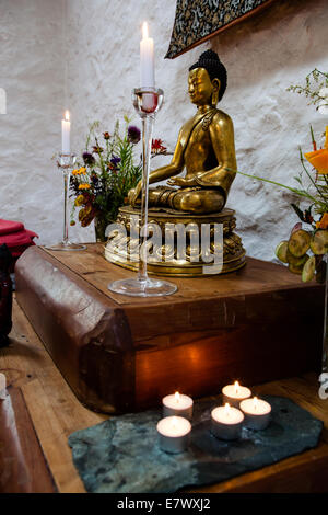 Un santuario buddista con la meditazione Buddha, candele, offerte di fiori Foto Stock