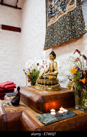 Un santuario buddista con la meditazione Buddha, candele, offerte di fiori Foto Stock