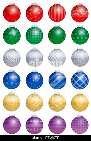 Ventiquattro lucido colorato albero di natale palle - un tipo di calendario dell'Avvento - con diversi ornamenti. Foto Stock