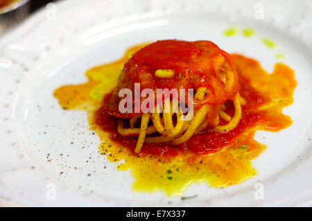 Italian spaghetti al sugo di pomodoro con pomodori e basilico Foto Stock