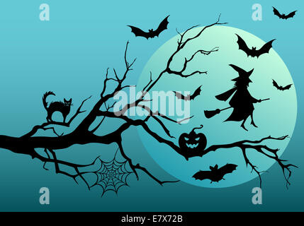 Notte di Halloween, mazze battenti e strega, illustrazione vettoriale Foto Stock