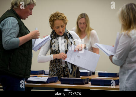Scrutinio dei voti della carta vengono contate da contatori di voto durante le elezioni europee a Merthyr Tydfil. Foto Stock