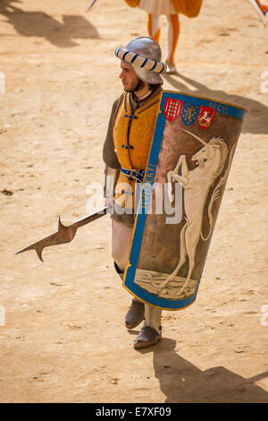 Corteo in costumi storici, cavaliere in armatura, il Palio di Siena Siena, Toscana, Italia Foto Stock