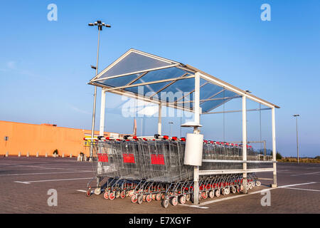 Carrelli di shopping nella parte anteriore di un supermercato. Foto Stock