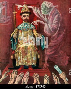 Una voce dal passato - Ombra di Louis - Warily fratello - il fantasma di Luigi XVI di Francia avvertenza Nicola II di Russia per non prendere una decisione affrettata per quanto riguarda i detenuti scrittore Maxim Gorky e a rispettare la "Petizione' e appassionato di motivi per la sua liberazione, politico cartoon 1905 Foto Stock