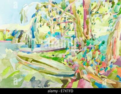 Acquerello originale pittura di paesaggio estivo Foto Stock