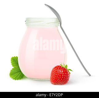 Vaso di fresco di yogurt alla fragola isolato su bianco Foto Stock