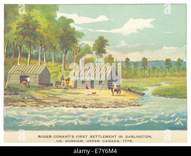 Questa immagine illustra il primo insediamento di Roger Conant nell'alto Canada, risalente al 1898. Il disegno raffigura le prime fasi dell'insediamento nella regione. Foto Stock