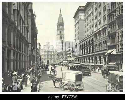 Questa illustrazione del 1897 mostra Market Street a Philadelphia, guardando a ovest da Eleventh Street. La mappa e il disegno evidenziano le caratteristiche architettoniche della zona durante la fine del XIX secolo. Foto Stock