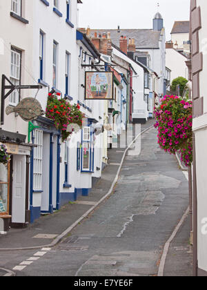 Ripida strada tortuosa nel villaggio di Appledore in North Devon UK che ospita un acclamato annuale festival letterario Foto Stock