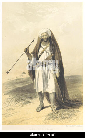 Questa illustrazione del 1855 di Tobin raffigura uno sceicco nel deserto, catturando l'abbigliamento e lo stile di vita dei leader mediorientali durante il XIX secolo. L'immagine riflette gli aspetti culturali e geografici della vita desertica nella regione. Foto Stock