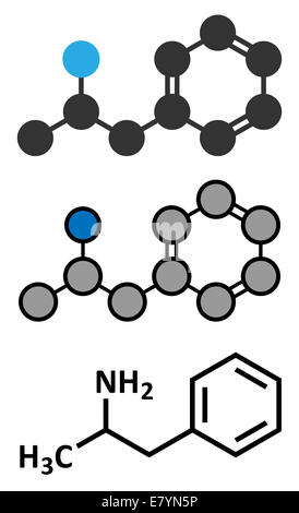 Amfetamina (amfetamina, velocità) droga stimolante molecola. Stilizzata 2D rendering e tradizionale formula scheletrico. Foto Stock