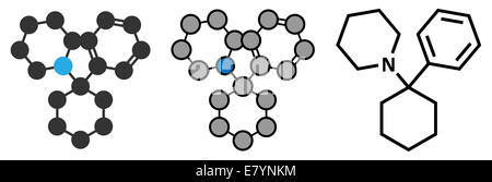 Fenciclidina (PCP, polvere d'angelo) allucinogeni molecola. Stilizzata 2D rendering e tradizionale formula scheletrico. Foto Stock