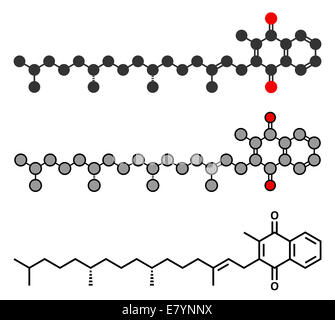 La vitamina K (K1, phylloquinone, fitomenadione) molecola. Stilizzata 2D rendering e tradizionale formula scheletrico. Foto Stock