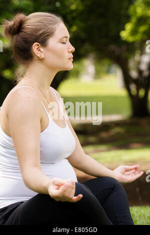 Ritratto di bianco bella donna incinta facendo esercizi yoga nel parco seduto su erba, posizione del loto Foto Stock