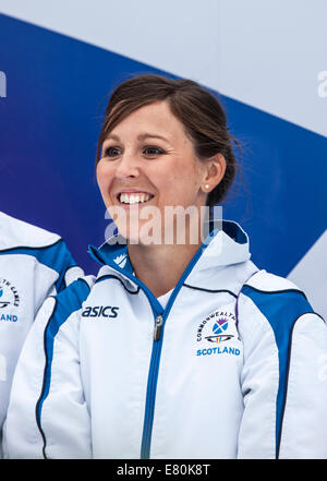 Vikki Bunce, Team Scozia giocatore di hockey nel 2014 Giochi del Commonwealth, in George Square - fine di atleti Parade , Glasgow Foto Stock