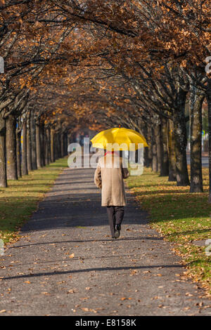 Donna anziana in autunno park con ombrello giallo Foto Stock