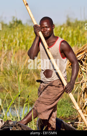 Un pescatore pone con un palo di bambù utilizzato per spingere una piroga in Bangweulu zone umide, Zambia Foto Stock