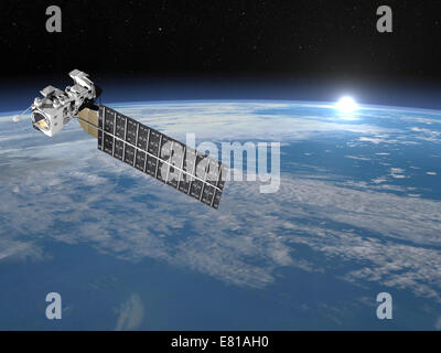 Aqua satellite in orbita attorno alla terra e sole nascente. Foto Stock