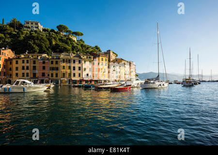 Villaggio con case colorate e un porto, Portofino Liguria, Italia Foto Stock