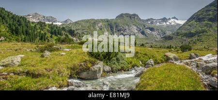 Panorama, Zemmgrund valley con flusso di Zemmbach, Ginzling, valle Zillertal in Tirolo, Austria Foto Stock
