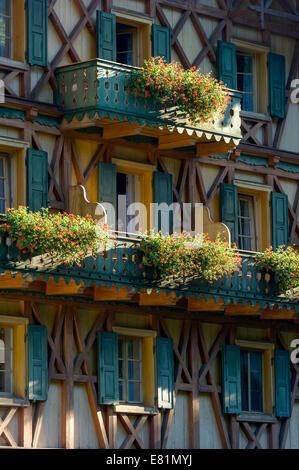 Il balcone di ogni camera, fioriere di gerani (Pelargonium sp.), Schlosshotel Linderhof, Schloss Linderhof Palace, Alta Baviera Foto Stock