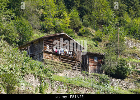 Tradizionale casa di legno vicino a Uzungöl, Trabzon Provincia, Kaçkar montagne, la regione del Mar Nero, Turchia Foto Stock