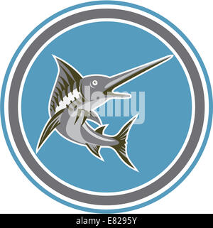 Illustrazione di un marlin azzurro Pesce jumping imposta all'interno di forma circolare su sfondo isolato fatto art deco in stile retrò. Foto Stock