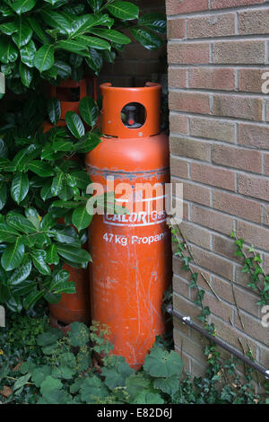 Calor Gas bottiglie contro un muro di casa Foto Stock