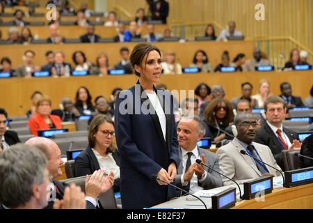 L UNAIDS volontà internazionale Ambasciatore Victoria Beckham affronta il termine AIDS dal 2030 evento presso la sede delle Nazioni Unite a New York City il 25 settembre 2014 nella città di New York, NY. Foto Stock