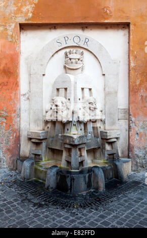 Una fontana ornata di Roma, Italia denominata SPQR: Senatus Populusque Romanus, del Senato e del popolo di Roma Foto Stock