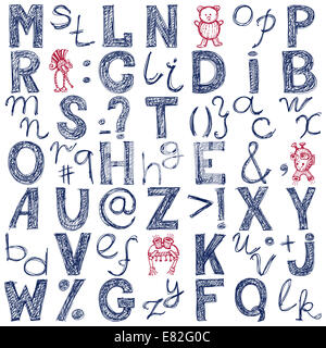 Disegno a mano blu alfabeto doodle design Foto Stock