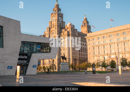 Royal Liver, Ferry Terminal e Cunard edifici, Pier Head, Liverpool, Merseyside Regno Unito Foto Stock